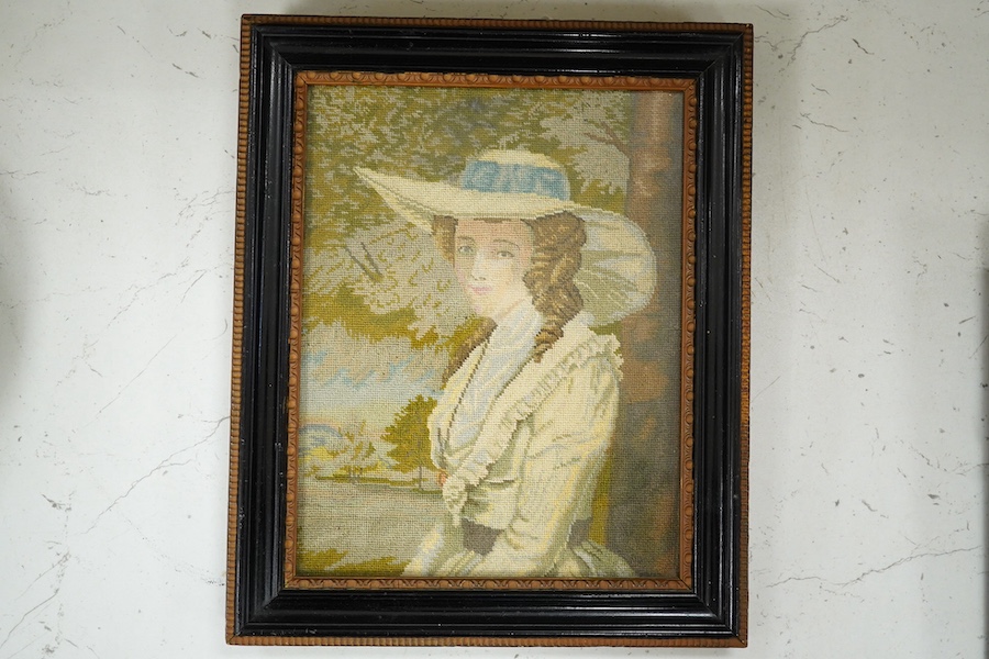 After Reynolds, a petite point embroidery portrait of a young lady wearing a large brimmed hat. 15.5cm wide, 20cm high. Condition - good